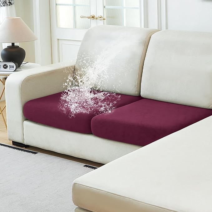 NAISI Waterproof Couch Cushion Covers Thick Velvet Fabric Washable Sofa Slipcovers 2 Pieces Individual Sectional Couch Covers with Elastic Bottom(2 Pcs for 2-Seat or Backrest, Burgundy)
