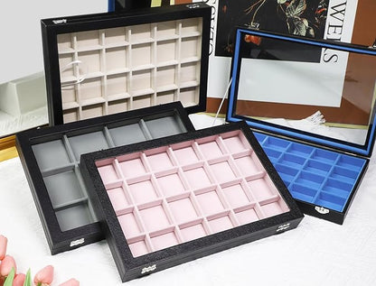 Stratalife Jewelry Organizer 40 Grid Gray Black Jewelry Tray with Clear Dust-proof Lid Velvet Earring Organizer Necklace Rings Holder Display Drawer Storage Case for Women
