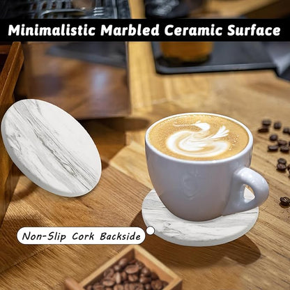 Coaster Set of 4, Drink Coasters with Holder, Absorbent Ceramic Coasters for Dining Table, 4 Inch Round Coasters Set for Drinks, Cup Coaster for Home Decor, Housewarming Gift, (R&D)