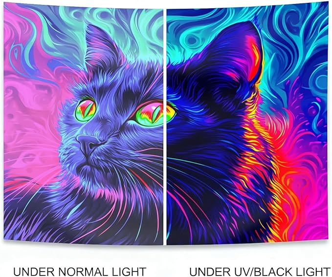 seewan Black Light Black Cat Tapestry, UV-reactive neon black cat with glowing green eyes, psychedelic abstract animal art tapestry, bedroom/dorm/living room backdrop decoration
