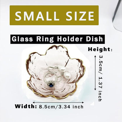 Small Jewelry Dish Tray, Flower Ring Holder, Nightstand Decor Glass Trinket Plate, Crystal Jewlery Bowl for Earrings, Engagement Gifts (Pink)
