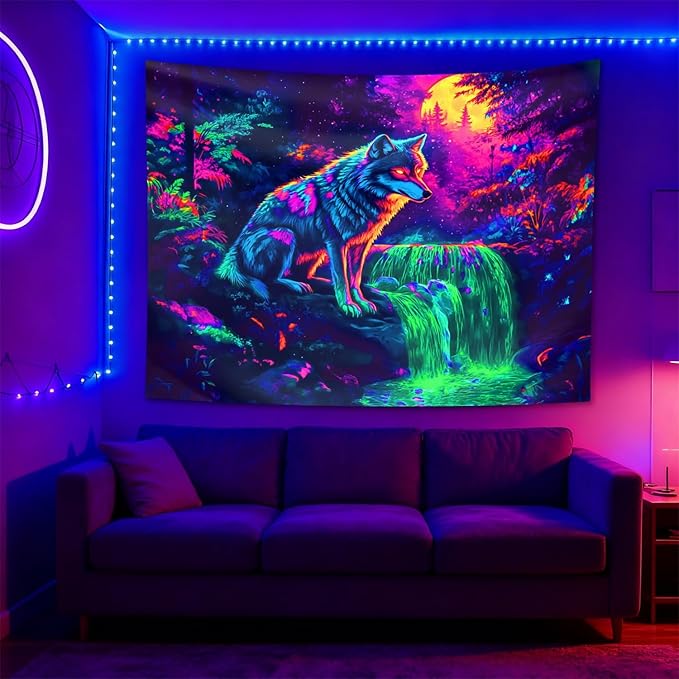 seewan Black Light Wolf Tapestry, Mysterious Wolf Tapestry, UV-Reactive Black Light Standing Tapestry, Vibrant Psychedelic Wall Hanging, Bedroom Dorm Living Room Background Decor