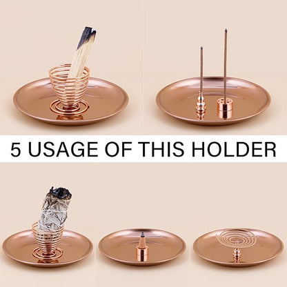 ZenBless 5 in 1 Incense Burner Holder, Palo Santo Holder, Sage Holder, Incense Sticks/Coil/Cones, 5.5 inches Brass Ash Catcher for Meditation Yoga Room(Rosegold)