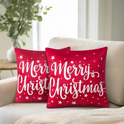 PAVILIA Holiday Throw Pillow Covers 20x20 Set of 2, Decorative Pillow Cases Bed Sofa Couch, Winter Accent Decor Cushion Bedroom Living Room, Velvet Square Euro Sham Covers, Merry Christmas Text Red