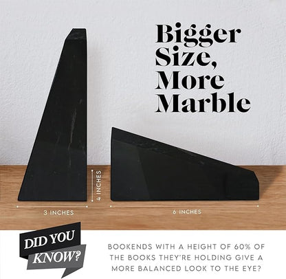 Ottimo Premium Polished Stone Marble 6" Book Ends for Bookshelf Decor, Home, Office or Kitchen Shelves. Heavy, Triangular, and Decorative Book Stopper with Anti-Slip Pads, Great Gift Idea (Black)