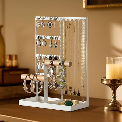 Jewelry Organizer Stand, Jewelry Holder, Necklace Organizer Box for Necklace Bracelet Earring Ring, White Metal Frame for Vanity Tabletop Decor