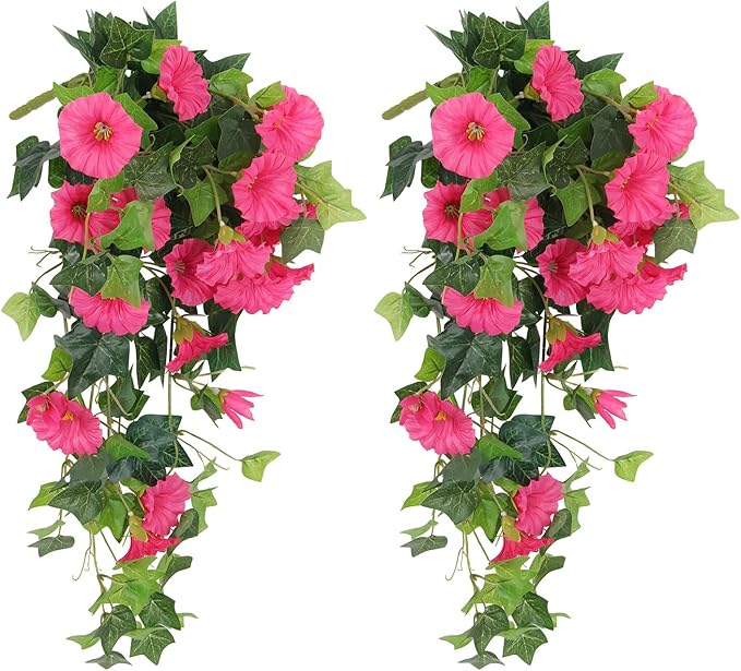 RECUTMS Artificial Fake Hanging Flowers Plants for Outdoor Spring Decor, 2 Pcs UV Resistant Faux Petunias Trailing Plants Realistic Flower Look Real for Door Wall Yard Porch Garden Planter (Rose Red)