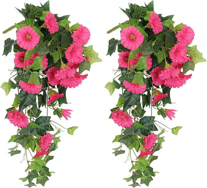 RECUTMS Artificial Fake Hanging Flowers Plants for Outdoor Spring Decor, 2 Pcs UV Resistant Faux Petunias Trailing Plants Realistic Flower Look Real for Door Wall Yard Porch Garden Planter (Rose Red)