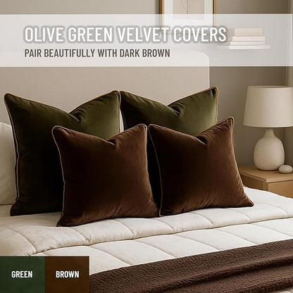 2 Pack Polyester Decorative Throw Pillow Covers, 12"x20", Green and Camel, Solid, Modern, Contrast Piping, Indoor Use, Bedroom & Living Room