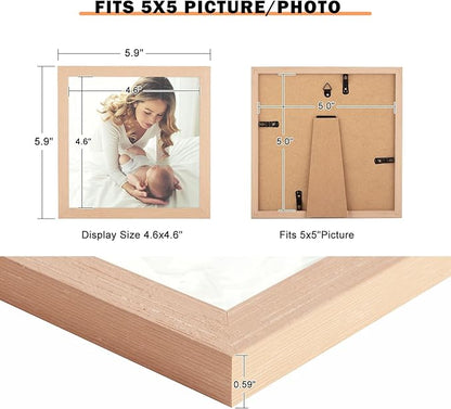 5x5 Picture Frame Natural Woodgrain,Rustic 5x5 Picture Frame Beige, Pic Hanging Poster Frame, 5 by 5 Gallery Family Portrait Photo Frame Horizontal and Vertical Display for Wall Hanging/Tabletop