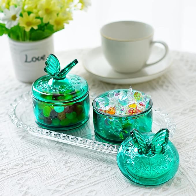 kanpura Green Embossed Glass Jar with Lid,Crystal Glass Candy Dish,Candy Jars Jewelry Box for Christmas Party Buffet, 3.5 oz