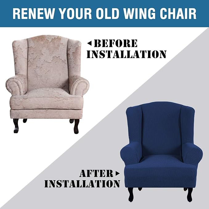 H.VERSAILTEX Wing Chair Slipcover Chair Covers for Wingback Chairs Wingback Chair Covers Slipcovers 1 Piece Stretch Sofa Cover Furniture Protector Soft Spandex Jacquard Checked Pattern, Navy