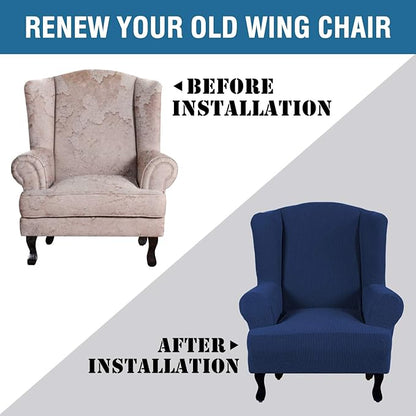 H.VERSAILTEX Wing Chair Slipcover Chair Covers for Wingback Chairs Wingback Chair Covers Slipcovers 1 Piece Stretch Sofa Cover Furniture Protector Soft Spandex Jacquard Checked Pattern, Navy