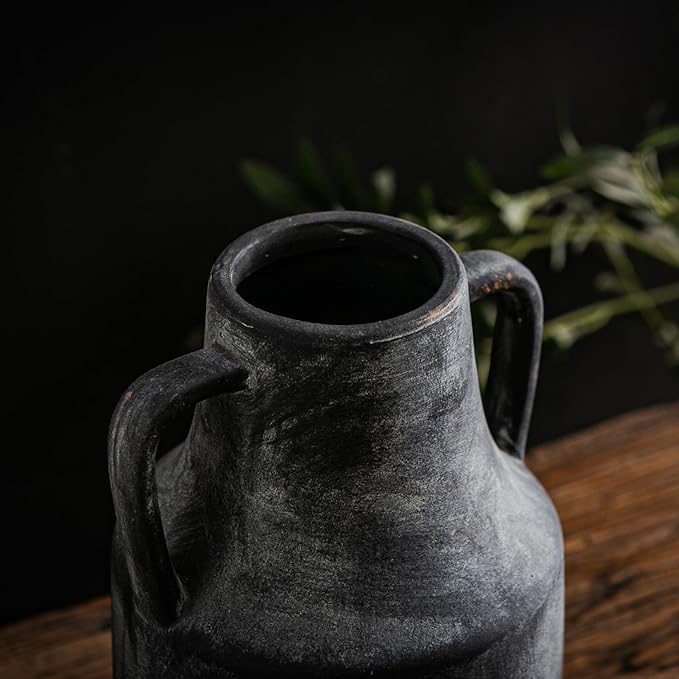Ceramic Flower Vase with Handles,11 inch Farmhouse Vase,Rustic Vintage Terracotta Vases for Home Decor,Living Room,Kitchen Shelf,Table,Fireplace,Holiday & Weddings Centerpiece (Black-L-1622)