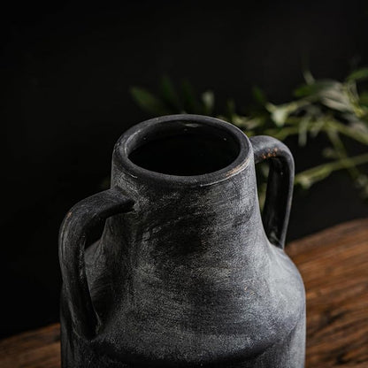 Ceramic Flower Vase with Handles,11 inch Farmhouse Vase,Rustic Vintage Terracotta Vases for Home Decor,Living Room,Kitchen Shelf,Table,Fireplace,Holiday & Weddings Centerpiece (Black-L-1622)