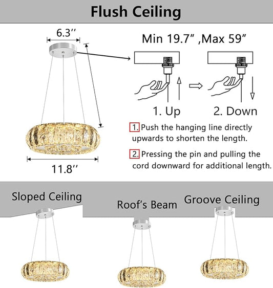 Crystal Round Chandelier Modern LED Dining Pendant Lights for Kitchen Island Dining Room Remote Dimmable Hanging Light Entrance Bedroom Lighting Silver