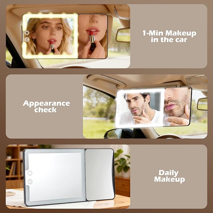 Large 2-in-1 Led Car Vanity Mirror with 20X Strong Magnification,10" Sun Visor Mirror with 3-Color Dimmable Rechargeable LED Lights,Car Makeup Mirrors with Secure Reinforced Flexible Mount