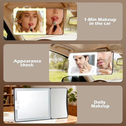 Large 2-in-1 Led Car Vanity Mirror with 20X Strong Magnification,10" Sun Visor Mirror with 3-Color Dimmable Rechargeable LED Lights,Car Makeup Mirrors with Secure Reinforced Flexible Mount