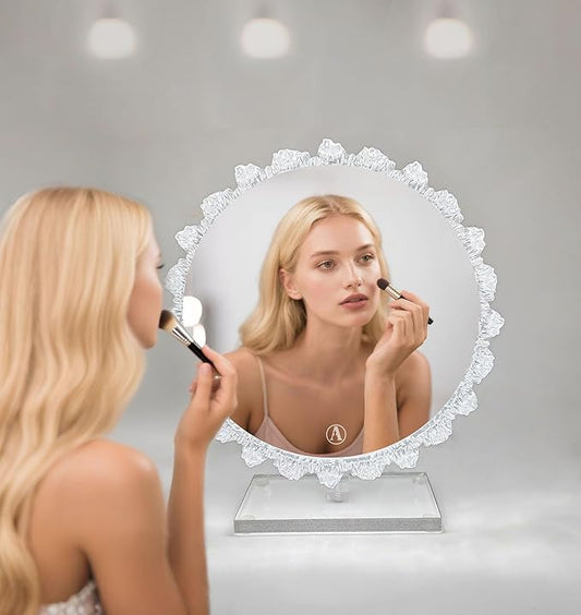 Crystal LED Vanity Mirror with Touch Control 3 Color Lights, Dimming 360° Rotation Desktop Elegant Decorative Hollywood HD Makeup Mirror(Tabletop Mirror-30cm)