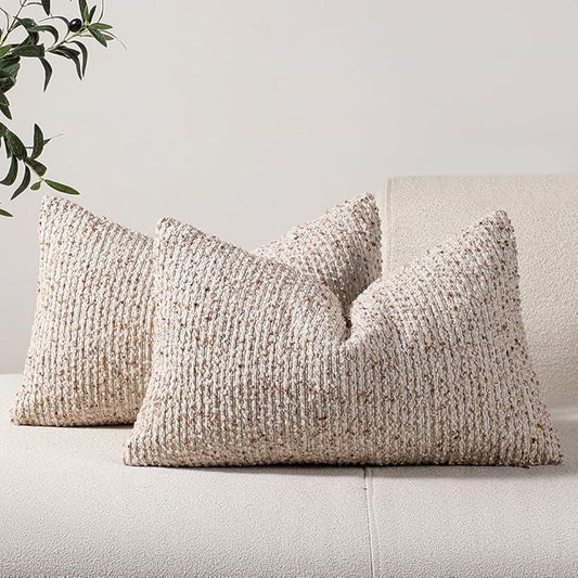 Striped Throw Pillow Covers 12x20 Set of 2 Beige Textured Boucle Chic Morden Boho Accent Farmhouse Rectangular Lumbar Decorative Couch Pillow Covers for Home Decor Bed Sofa Living Room