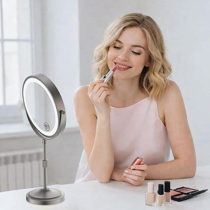 9" Lighted Makeup Mirror with with Lights and Magnification 1X/10x, 5000mAh Rechargeable Magnifying Vanity Mirror, 3 Light Colors Dimmable & Height Adjustable Mirror Gunmetal Grey