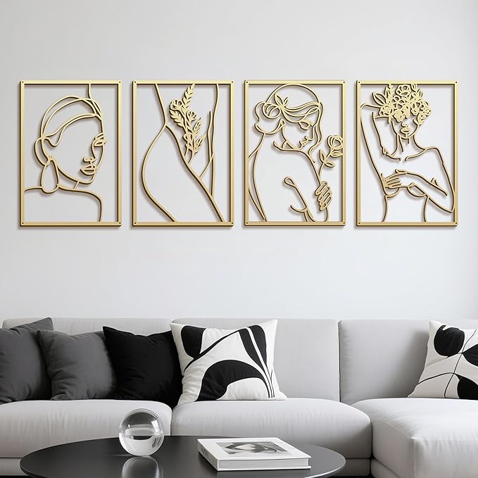 Eilopaa 4 Pack Gold Wall Art Décor for living room, Metal Minimalist Abstract Wall Décor bathroom, Single Line Woman's Body Shape Modern Wall Art, Size 17 X 11.8 inches