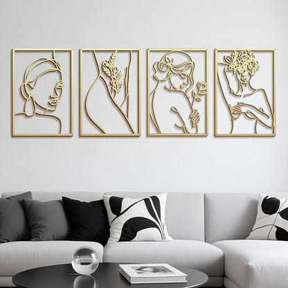 Eilopaa 4 Pack Gold Wall Art Décor for living room, Metal Minimalist Abstract Wall Décor bathroom, Single Line Woman's Body Shape Modern Wall Art, Size 17 X 11.8 inches