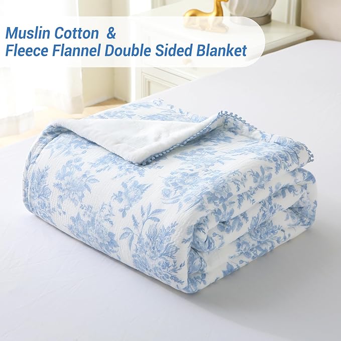 Viviland Fleece Throw Blanket Reversible Muslin Blankets, Soft Throw Blanket for Couch and Bed, Breathable Quilt Bedspread, Gauze Bedding for Adults, Large 50x70 inch, Blue Nerrah