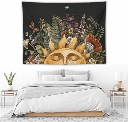 Vintage Sun Tapestry Wall Hanging,Hippie Boho Mushroom Floral Plant Tapestries for College Dorm Living Room Bedroom Decor(60"x80")