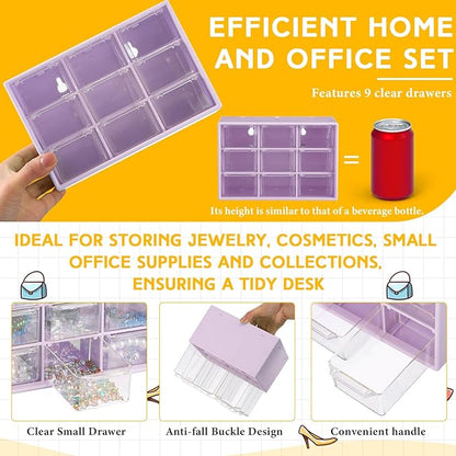 Wenqik 2 Pcs Mini Storage Drawers Teacher Toolbox Organizer with 9 Clear Drawers Small Plastic Desktop Teacher Desk Craft Organizer for Classroom Office 7" x 3. 9" x 4. 7"(Purple)