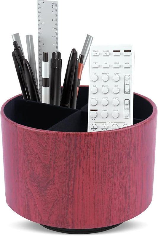 Round Leather Art Supply Organizer,Remote Control Holder,360 Degree Spinning,Multi-Functional Pencil Holder,4 Compartments Desktop Stationary Organizer(1-Thin Wood Red Brown)