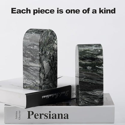 Koville Natural Marble Bookends for Shelves, Decorative Book Ends, 7lbs Heavy-Duty Marble Book Holders, Bookshelf Apartment Decor for Normal Books/CD/Video Games(Olive Green)