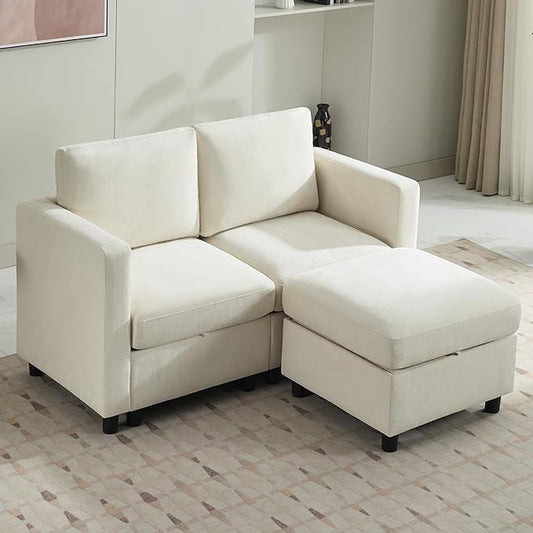58”Modular Sectional Loveseat Sofa with Storage, Comfy Office L Shaped Sofa Couch, Chenille Love Seat Modular Sectional Couch with Movable Ottoman for Living Room, Bedroom, Beige