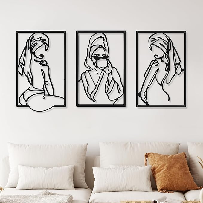 CHENGU 3 Pieces Metal Minimalist Abstract Woman Wall Art Line Drawing Wall Art Decor Single Line Female Home Hanging for Kitchen Bathroom Living Room