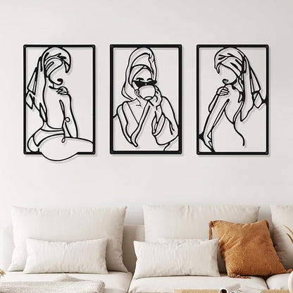 CHENGU 3 Pieces Metal Minimalist Abstract Woman Wall Art Line Drawing Wall Art Decor Single Line Female Home Hanging for Kitchen Bathroom Living Room