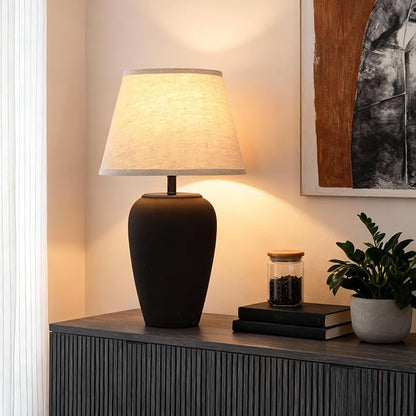 Ceramic Pot Table Lamp 21.25 inch Compact Frosted Nightstand Lamp, Tapered Fabric Shade Bedside, Ceramic Decorative for Living Room Bedroom House Office Entryway, TL3