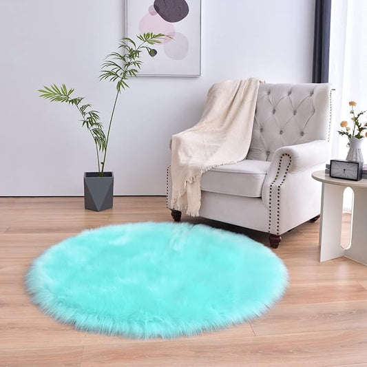 duduta Turquoise Blue Faux Sheepskin Round Rug 4x4 ft, Fluffy Shag Fur Bedroom Nursery Kids Playroom Rug Dorm Decor Non Slip Washable