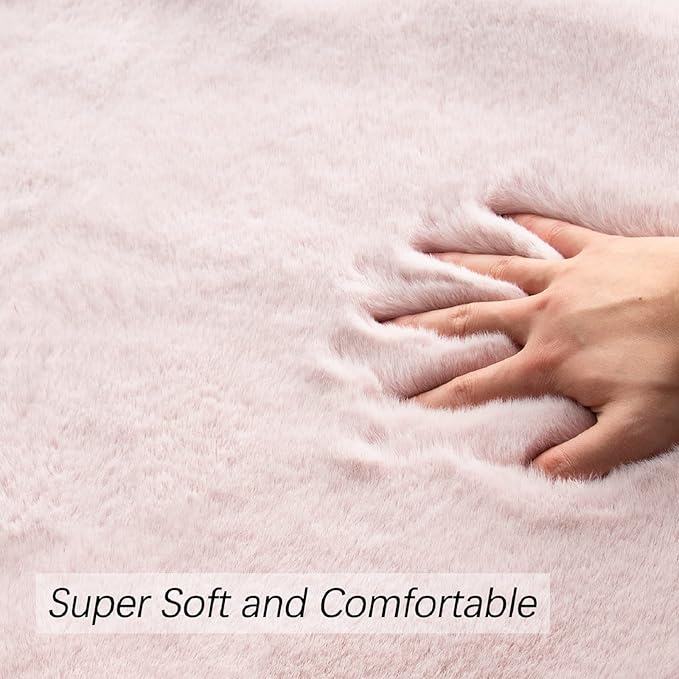 Pink Round Rug 5ft Washable Fluffy Faux Rabbit Fur Area Rugs for Living Room Shag Circle Nursery Rugs for Bedroom Cute Décor