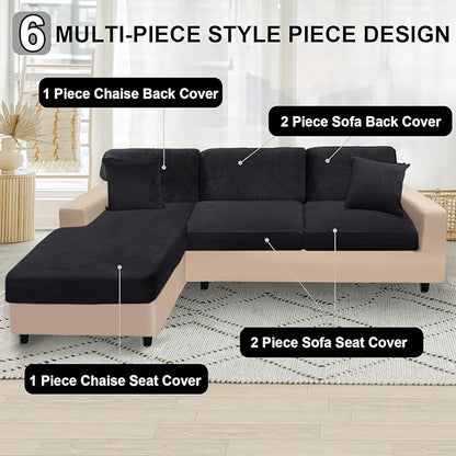 NAISI Sectional Couch Covers 6 Pieces Velvet Couch Cushion Covers L Shape Soft Stretch Sofa Slipcovers with 2pcs Pillowcases for Left/Right Chaise Sectional Couch(2 Seater+1 Chaise+3 Back,Black)