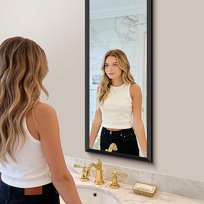 Black Bathroom Mirror 14 x 48 Inch Rectangle Wave Beveled Frame for Wall Bathroom Vanity Mirror for Over Sink, Tempered Glass,for Entryway Hangs, Bathroom Living Room Horizontal or Vertical