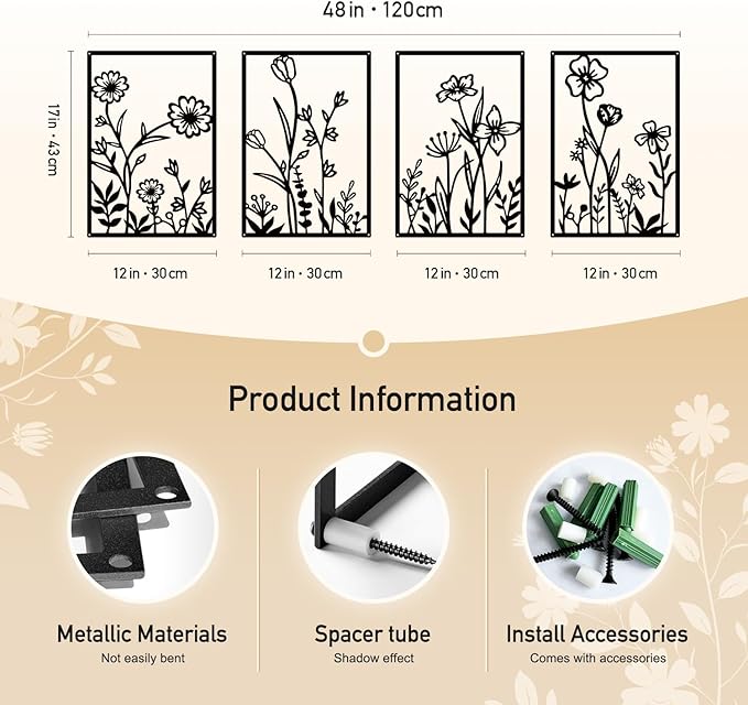 Sokurdeg Black Metal Flowers Wall Decor, Minimalist Floral Wall Hanging Art, Black Abstract Line Wall Art Sculptures for Bedroom Bathroom Living Room (4 Pcs, 12 x 17 in)