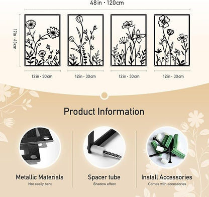 Sokurdeg Black Metal Flowers Wall Decor, Minimalist Floral Wall Hanging Art, Black Abstract Line Wall Art Sculptures for Bedroom Bathroom Living Room (4 Pcs, 12 x 17 in)