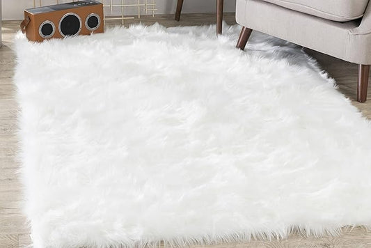 Silky Soft Faux Fur Shaggy Rug, 5 ft. x 8 ft. White Fluffy AreaRug Sheepskin Rectangle Rug for Living Room, Bedroom, Kid's Room, or Nursery, Home Décor Accent, Machine Washable with Non-Slip Backing