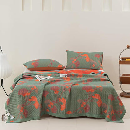 100% Cotton Muslin Blanket Jacquard Green Orange Floral Ginkgo Leaves Quilt, Soft Bed Cover Lightweight Breathable Gauzy Reversible Bedspread Coverlet Twin(59"x94"), No Pillow Sham