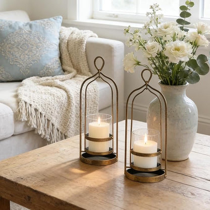 Glass Hurricane Candle Holders, Pillar Candle Holders, Metal Windproof Lantern for Industrial, Modern Farmhouse, Traditional & Vintage Home Decor, Wedding, Party, Antique Gold