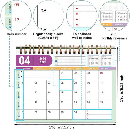 Small Desk Calendar 2025-2026, Standing Flip Desk Calendar Use Now to Dec 2026, with To-do List & Notes, Metal Ring Twin-Wire Binding with Stickers, Monthly Desktop Calendar for Home Office (Pink)