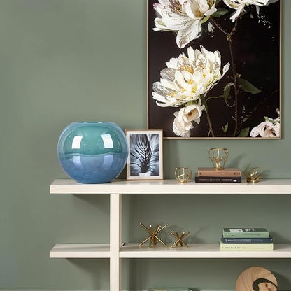 7.1" Teal Glass Vase for Flowers, Hand Blown Gradient Decorative Vase for Home Decor, Centerpiece, Dining Table, Shelf, Mantel, Bathroom, Entryway, Countertop, Gift for Friends