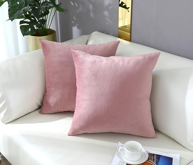 mixeoo Comfy Dusty Rose Throw Pillow Covers Decorative Square Solid Thick Velvet Super Soft Cushion Cases Home Decor for Sofa Couch Living Room Chair, Set of 2, 16 x 16 Inch