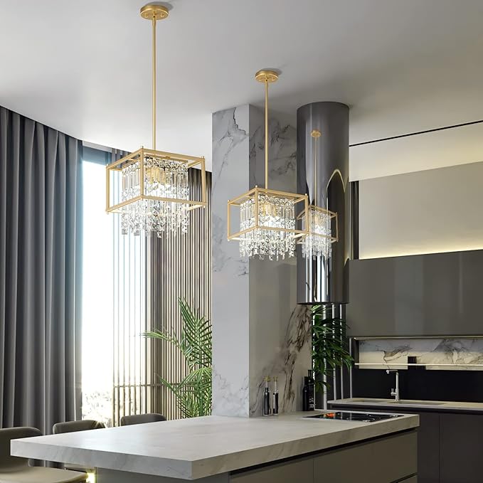 LMQNINE Modern Foyer Chandelier, Black Crystal Chandelier Entryway Light Fixture, Square Adjustable Height Chandeliers for Kitchen Island, L11.81'' x H7.87''