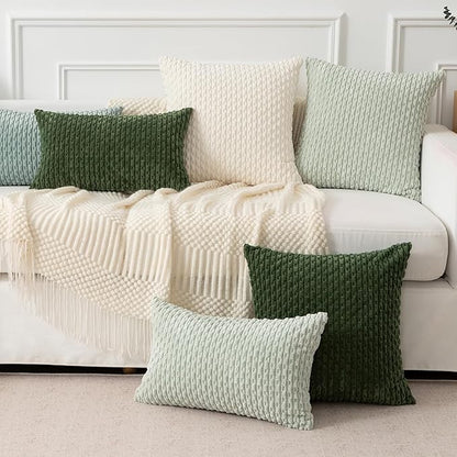 Kevin Textile Throw Pillow Covers Soft Corduroy Decorative Set of 2 Boho Striped Pillow Covers Pillowcases Farmhouse Home Decor for Couch Bed Sofa Living Room 18x18 Inch Moss Green